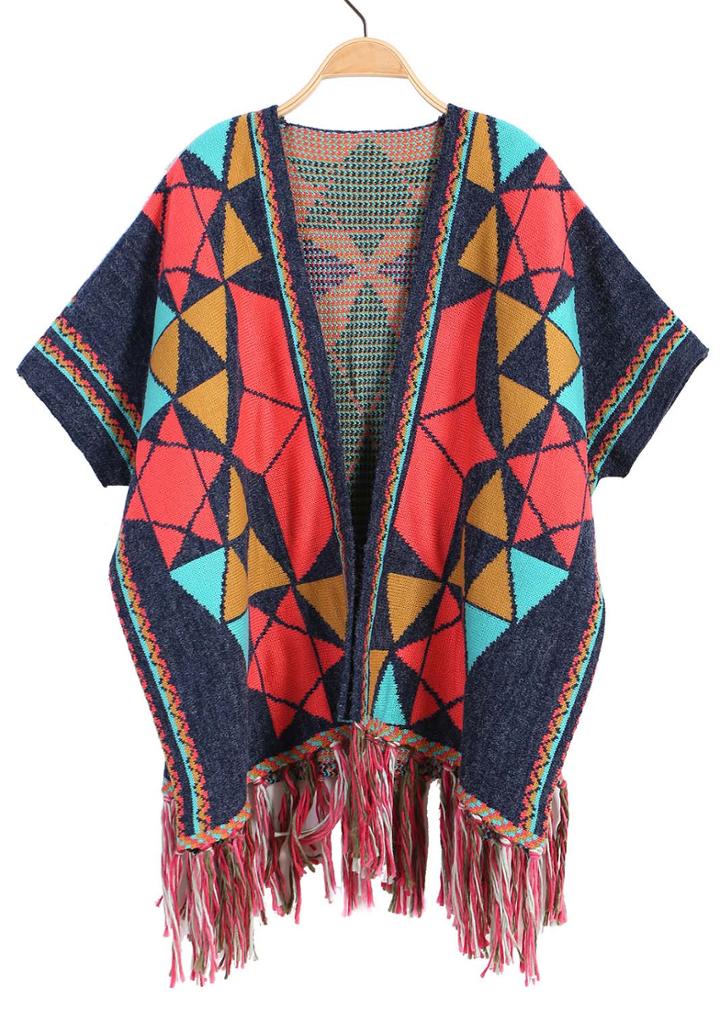 Romwe Geometric Print Tassel Knit Cardigan