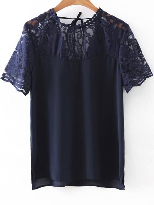 Romwe Navy Lace Splice Split Side Tie Back T-shirt