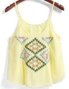 Romwe Spaghetti Strap Embroidered Yellow Cami Top