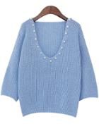 Romwe V Neck Bead Blue Sweater