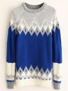 Romwe Blue Geometric Pattern Ribbed Trim Sweater