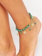 Romwe Gold-tone Turquoise Tassel Boho Anklet