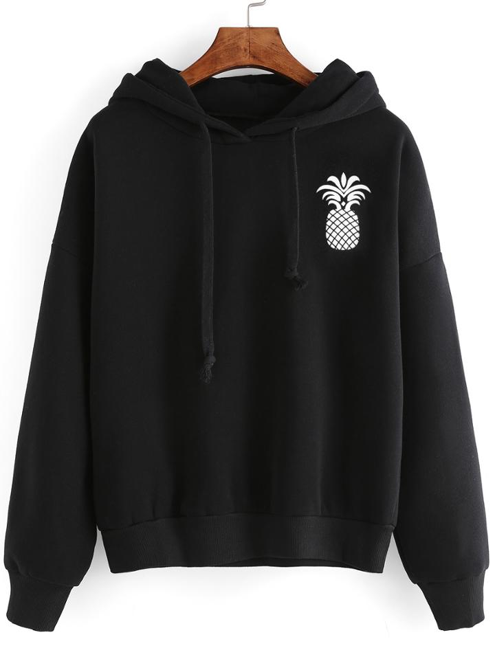 Romwe Black Pineapple Print Drop Shoulder Hooded Sweatshirt