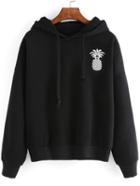 Romwe Black Pineapple Print Drop Shoulder Hooded Sweatshirt