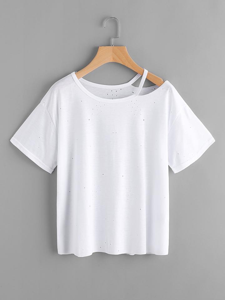 Romwe Ripped Neck Distressed Tee