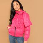 Romwe Neon Pink Scarf Tie Puffer Coat