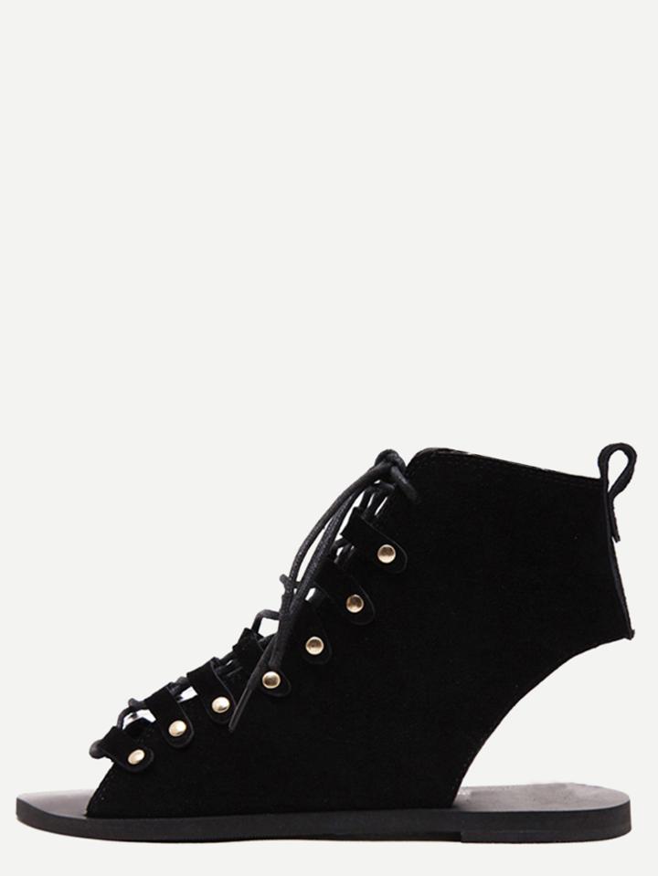 Romwe Black Peep Toe Lace-up Cutout Sandals