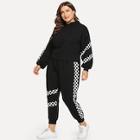 Romwe Plus Contrast Plaid Hooded Top With Pants