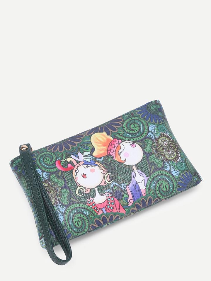 Romwe Cartoon Print Wristlet Clutch