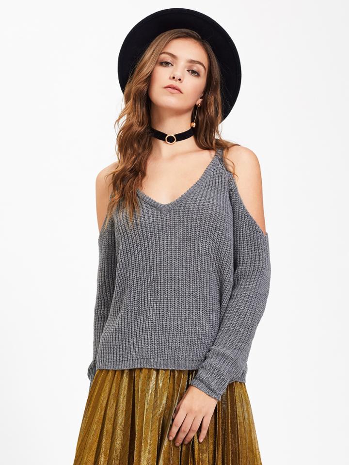 Romwe Open Shoulder Deep V Neck Jumper