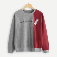 Romwe Cut And Sew Panel Letter Print Sweatshirt