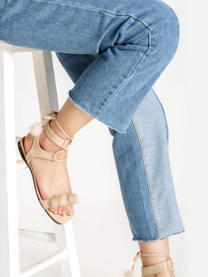 Romwe Faux Fur Lace Up Flat Sandals