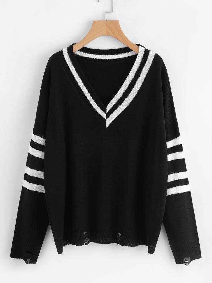 Romwe Rips Detail Varsity Striped Jumper