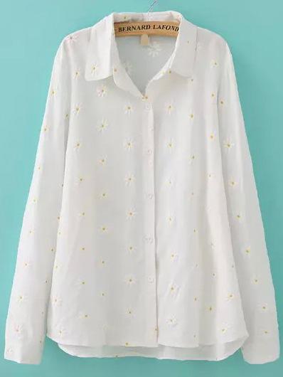 Romwe Flower Embossed White Blouse