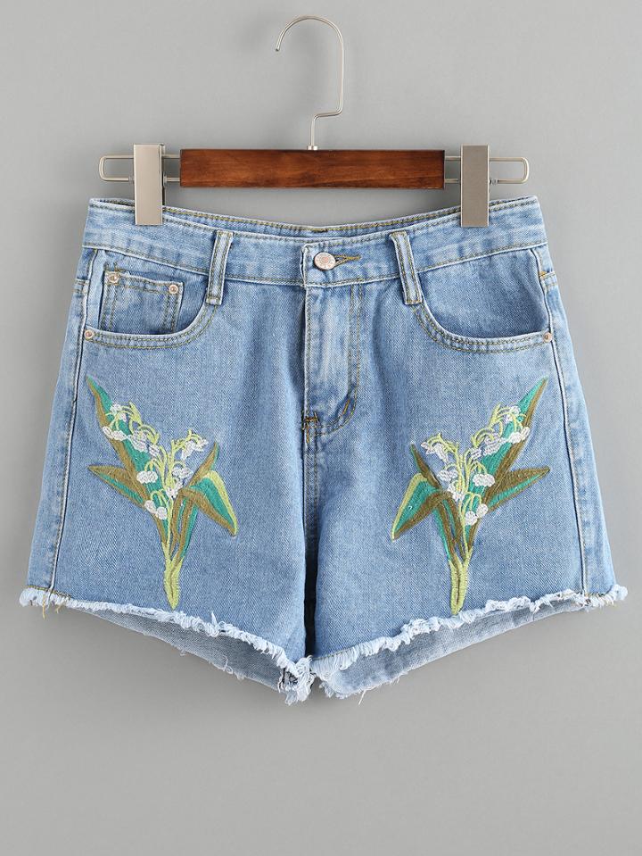 Romwe Flower Embroidered Frayed Blue Denim Shorts