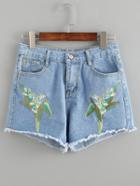 Romwe Flower Embroidered Frayed Blue Denim Shorts