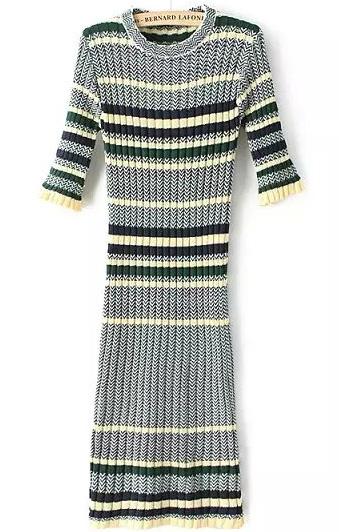 Romwe Striped Knit Slim Green Dress