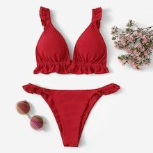 Romwe Frill Trim Top With Ruched Bikini Set