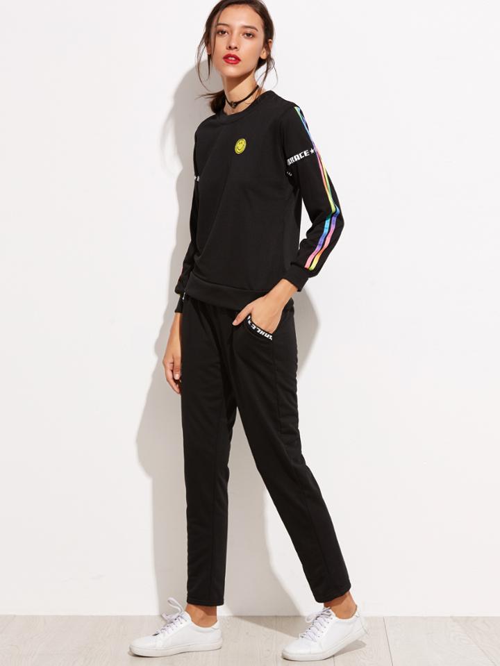 Romwe Black Sleeve Striped Patch Sweatshirt With Elastic Waist Pants