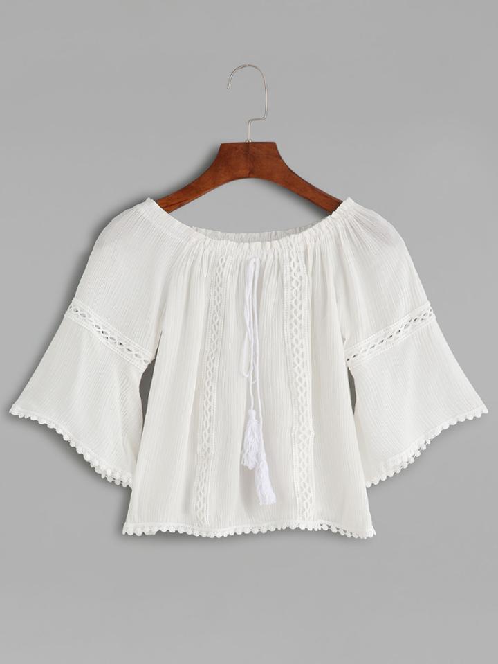 Romwe White Lace Up Fringe Crochet Hem Top
