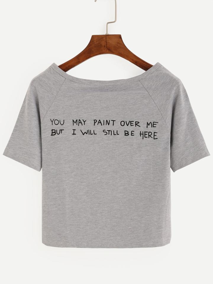 Romwe Grey Sentence Print Raglan Sleeve T-shirt