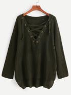 Romwe Dark Green Eyelet Lace Up High Low Sweater