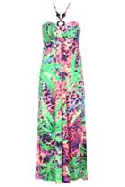 Romwe Halter Leaves Leopard Print Green And Pink Dress