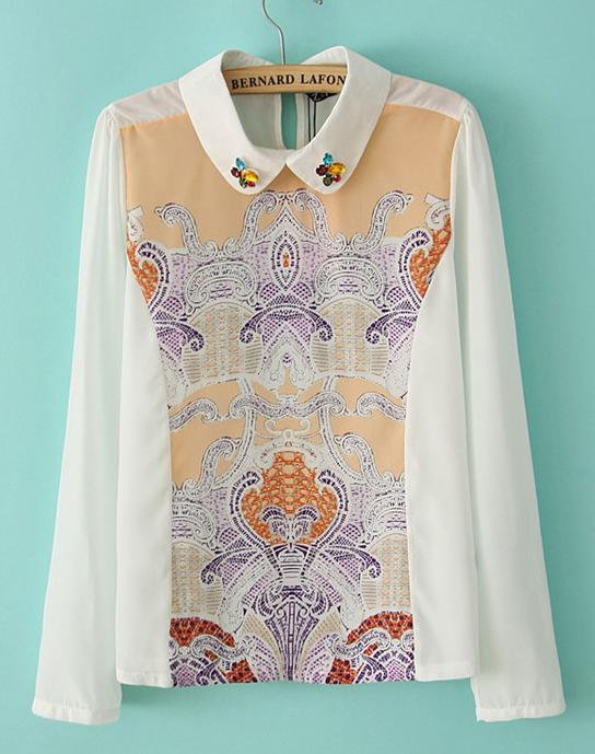 Romwe Rhinestone Vintage Floral Chiffon Blouse