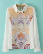 Romwe Rhinestone Vintage Floral Chiffon Blouse