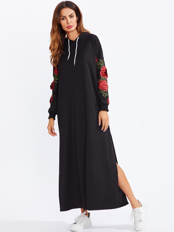 Romwe Split Side Applique Hooded Dress