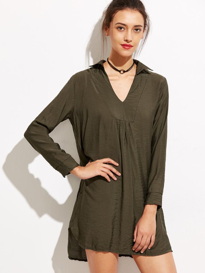 Romwe Army Green V Neck Shift Dress