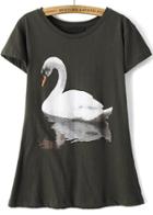 Romwe Grey Swan Print Loose T-shirt