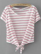 Romwe White Short Sleeve Striped Knotted T-shirt