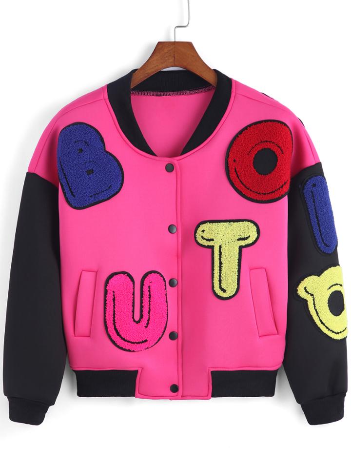 Romwe Contrast Sleeve Flocked Patch Rose Red Jacket