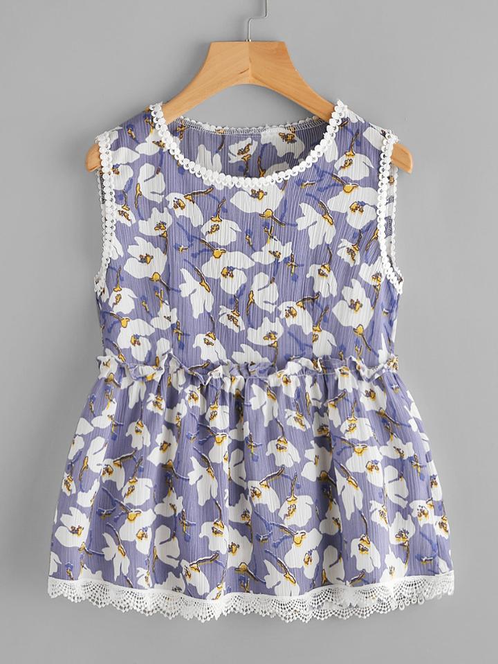 Romwe Floral Print Lace Trim Pleated Frill Top