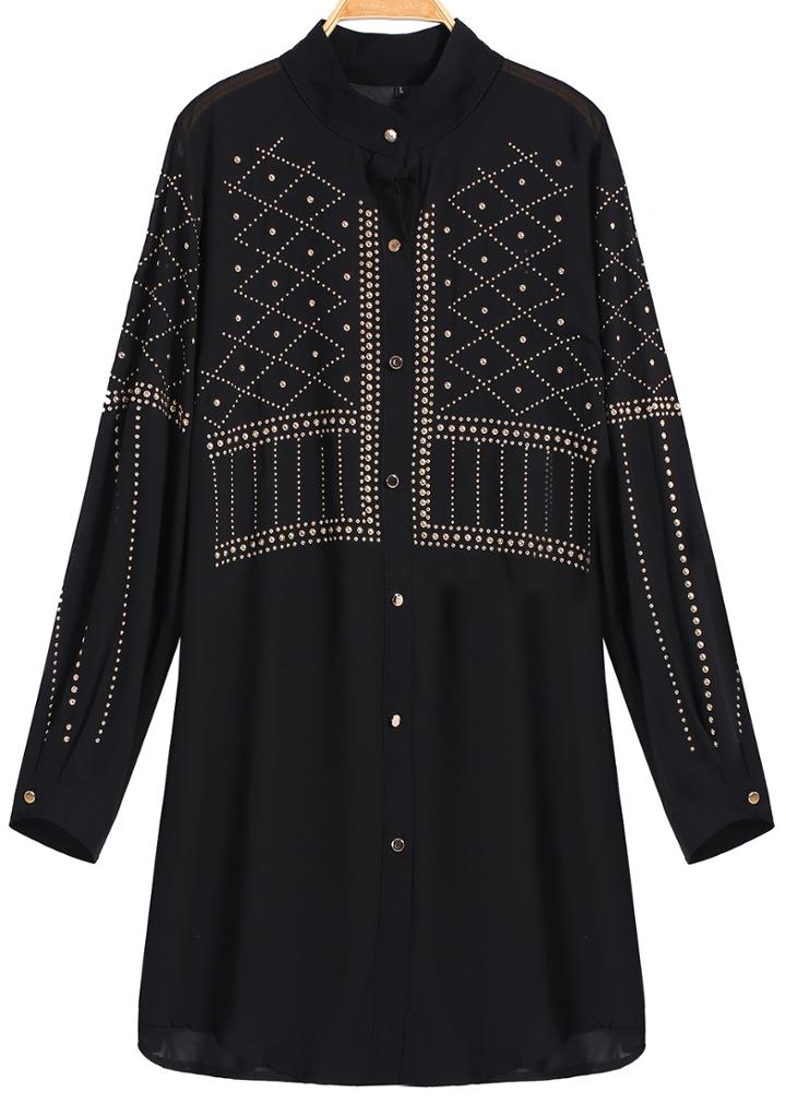 Romwe Bead Loose Chiffon Black Blouse