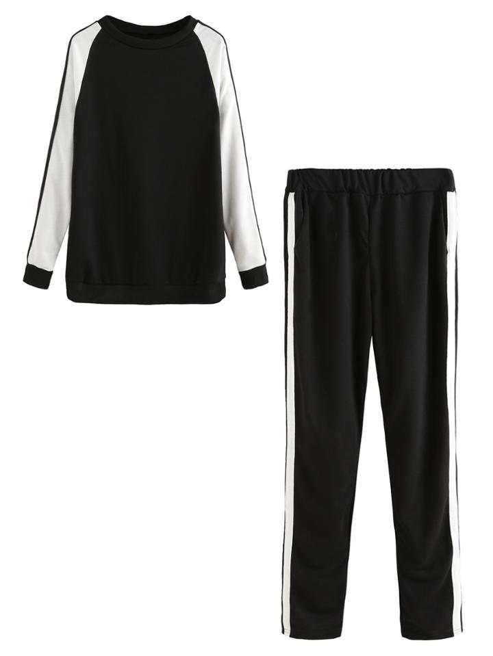 Romwe Contrast Raglan Sleeve Striped Trim Sweatshirt With Pants