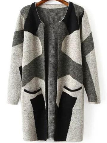 Romwe Long Sleeve Geometric Print Green Coat