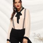 Romwe Tie Neck Contrast Lace Blouse