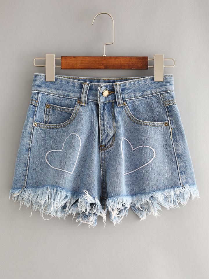 Romwe Blue Heart Embroidered Fringe Denim Shorts