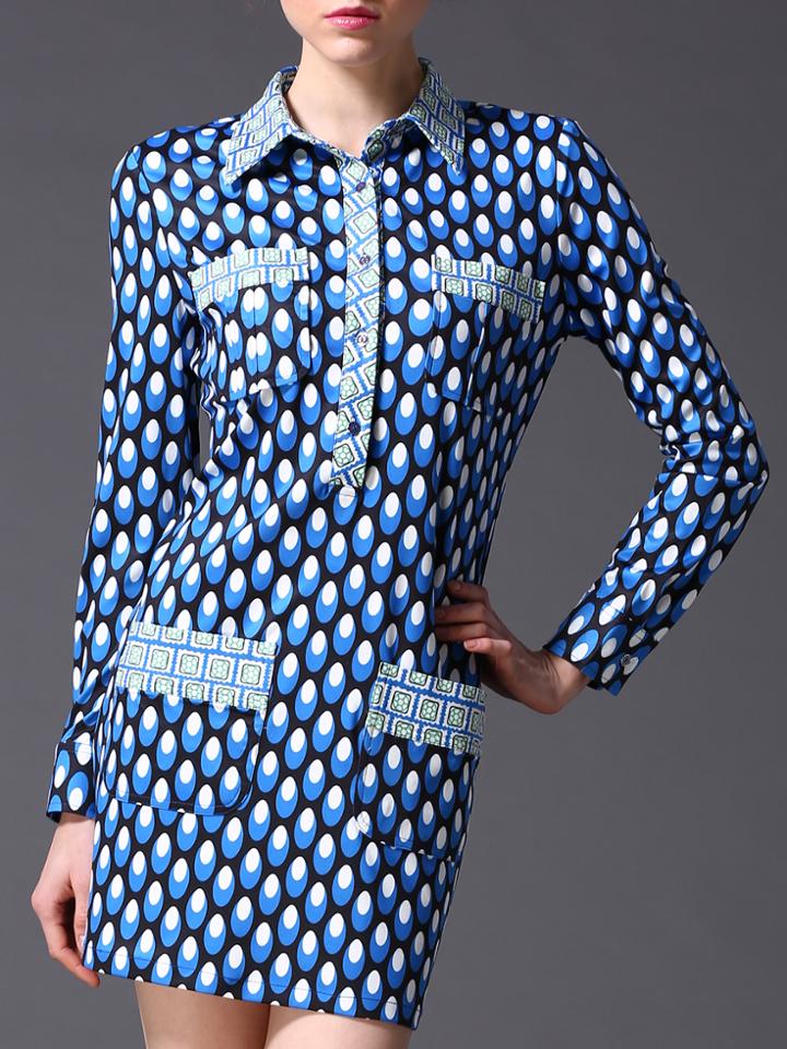 Romwe Blue Lapel Polka Dot Pockets Short Dress