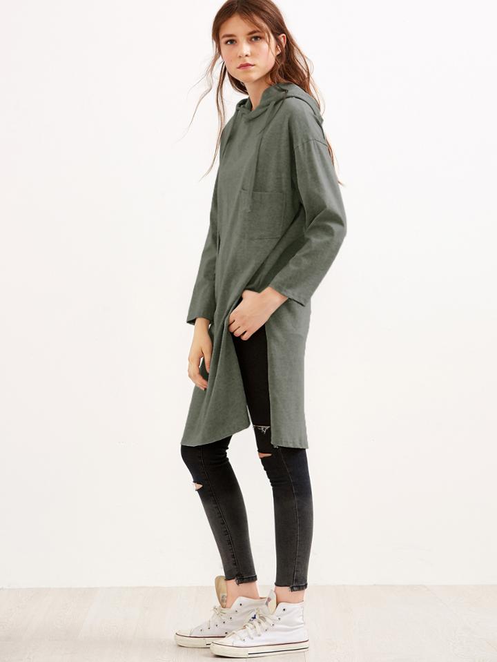 Romwe Green High Slit Drawstring Hooded Sweatshirt With Pocket