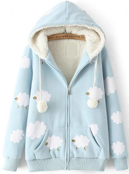 Romwe Hooded Sheep Print Pockets Blue Sweatshirt
