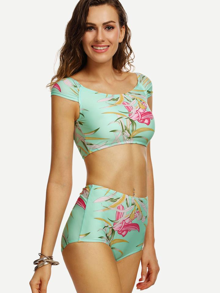 Romwe Green Flower Print Crop Rash Guard Swimwear