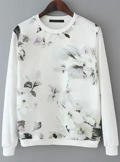 Romwe White Long Sleeve Floral Organza Sweatshirt