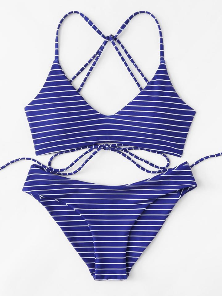 Romwe Striped Self Tie Bikini Set