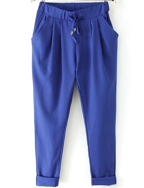 Romwe Drawstring Waist Pockets Blue Pant