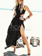 Romwe Black Sleeveless Cut Out Split Dress