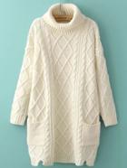 Romwe White Turtleneck Side Slit Pocket Cable Knit Sweater Dress