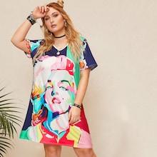 Romwe Plus Figure Print T-shirt Dress